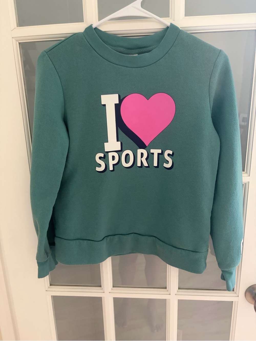 GAP Teal Crewneck Sweatshirt with Pink Heart 'I ♥ SPORTS' Graphic